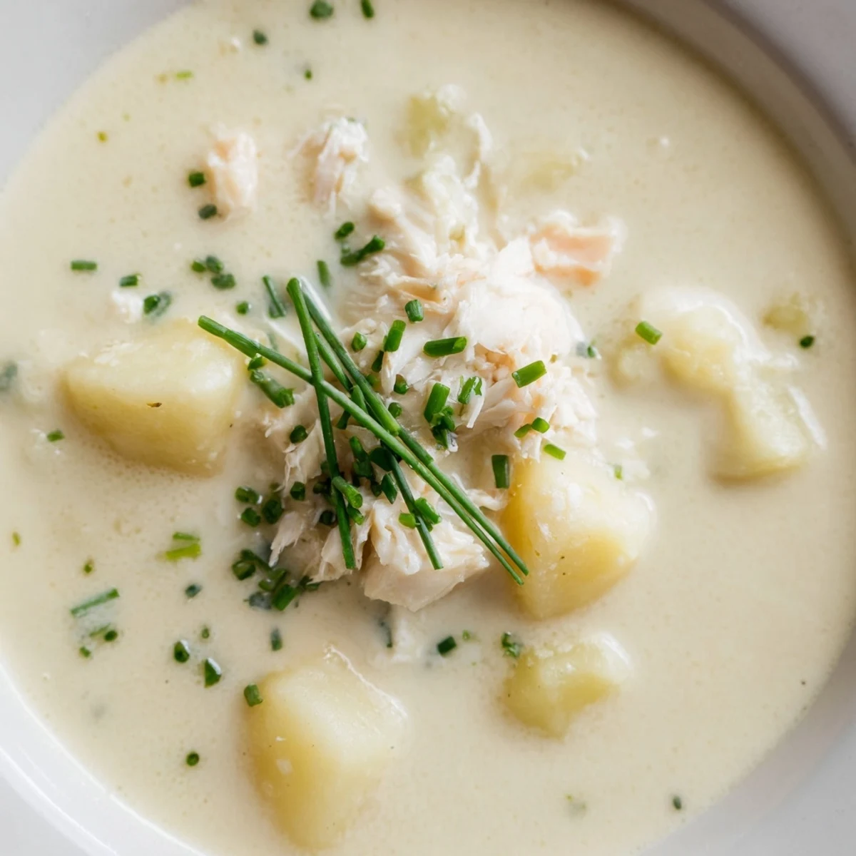 A close-up of Creamy Potato and Smoked Haddock Soup with tender fish flakes, diced potatoes, and chopped leeks in a velvety broth.