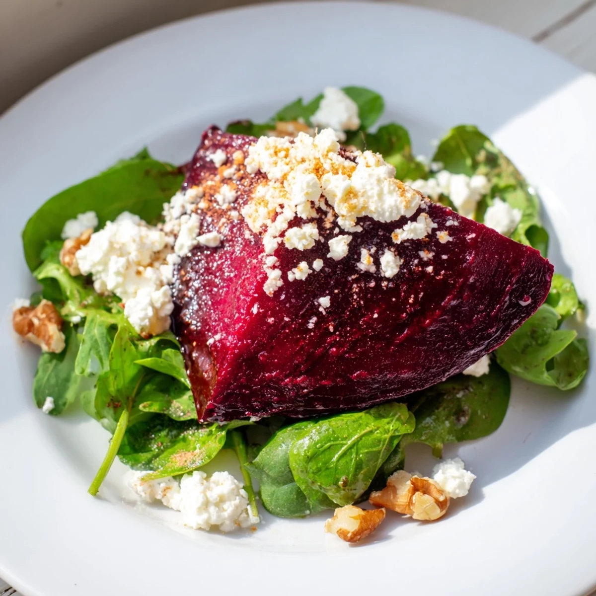 Vibrant roasted beet wedges, crumbled feta, and toasted walnuts on mixed greens, drizzled with tangy balsamic vinaigrette for this Roasted Beet and Feta Salad.