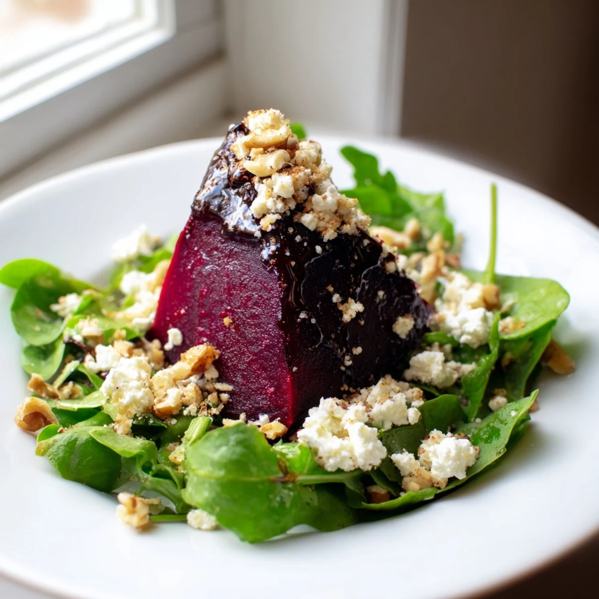 A close view of the Roasted Beet and Feta Salad, featuring deep red beets and creamy feta cheese tossed with a sweet balsamic dressing.