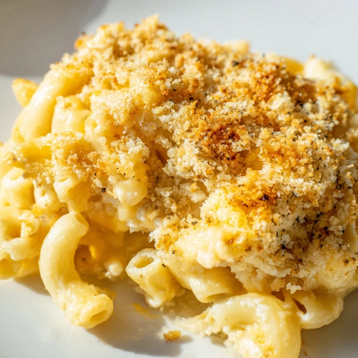 Golden baked macaroni and cheese with crispy panko breadcrumbs and melted cheddar on a white plate.