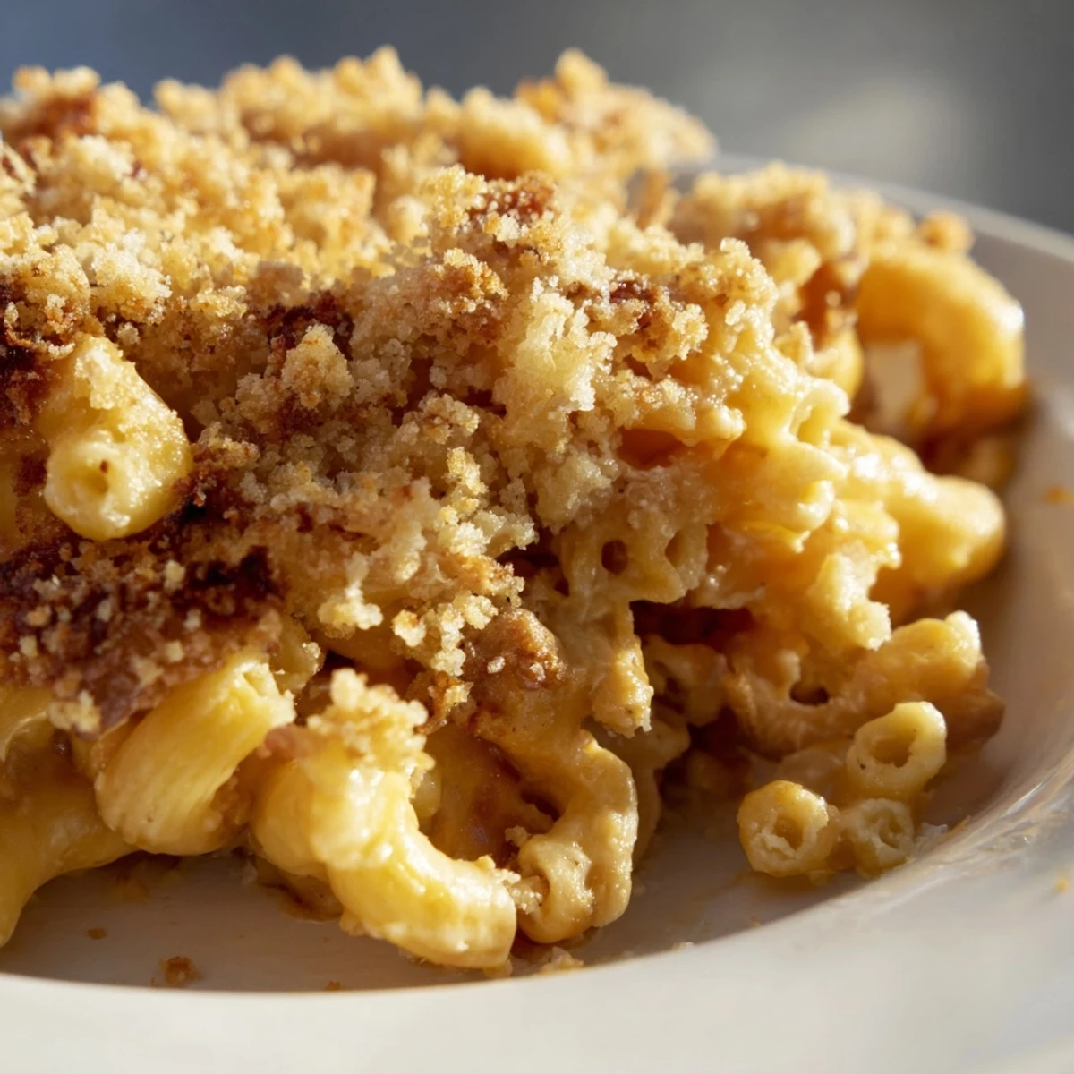 A serving of baked macaroni and cheese with breadcrumb topping on a ceramic plate, ready to eat.