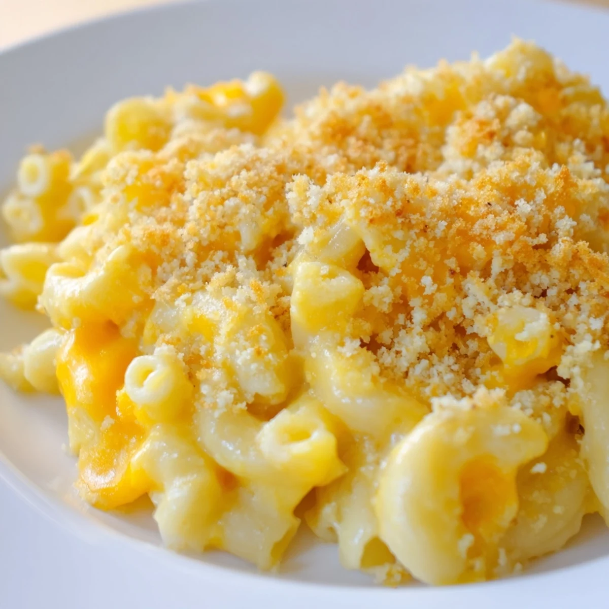 A close-up view of creamy baked macaroni and cheese topped with golden brown panko crumbs and melted cheddar.