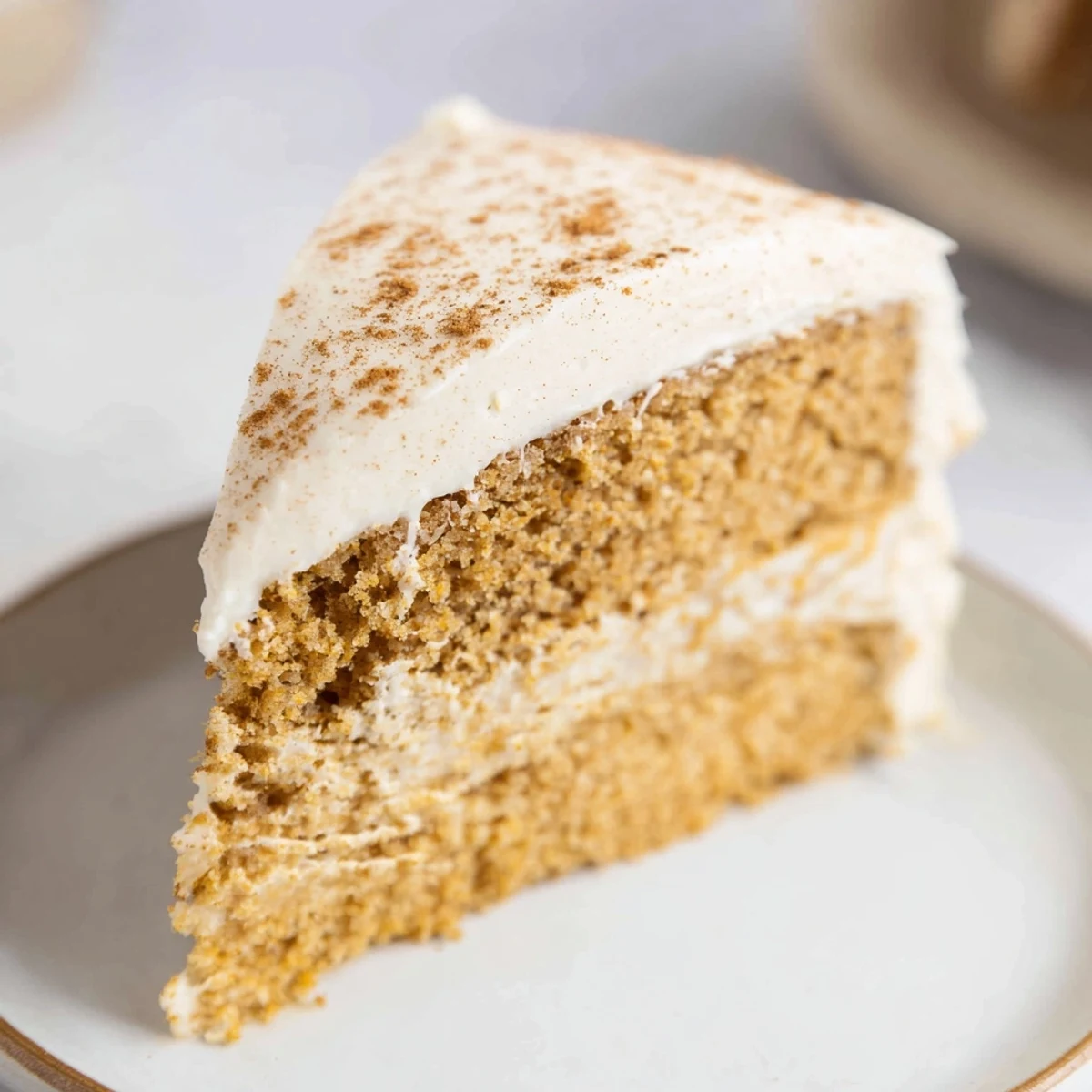 Layers of moist Spiced Chai Latte Cake stacked high with fluffy cream cheese frosting. 