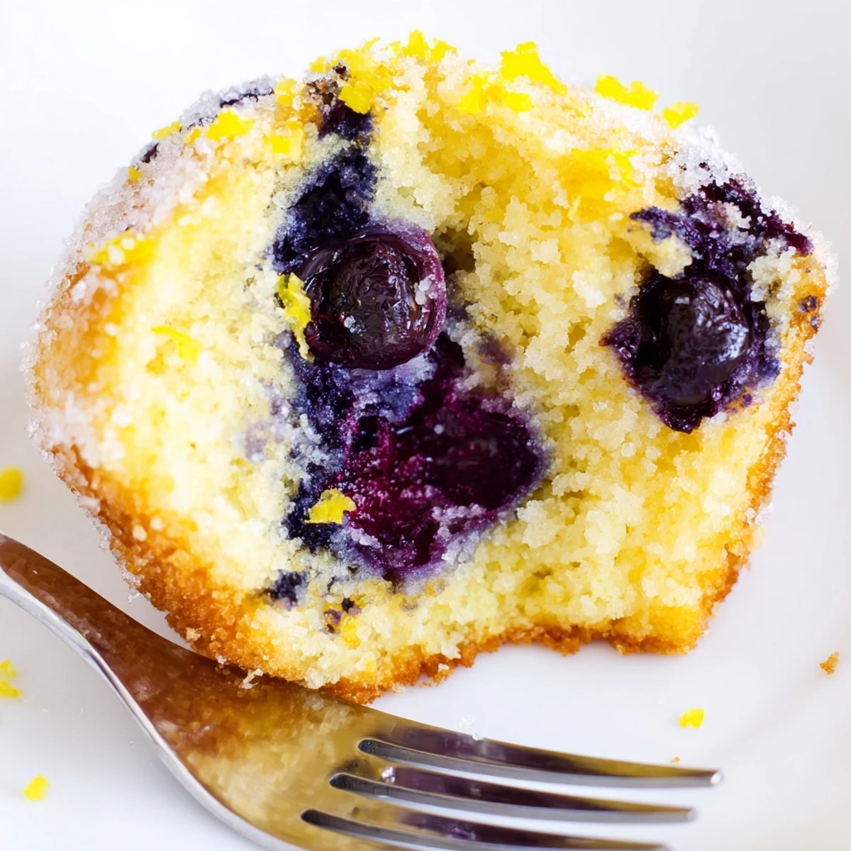 Freshly baked Lemon Blueberry Muffins with a sparkling lemon sugar crust sit on a wooden cooling rack. 