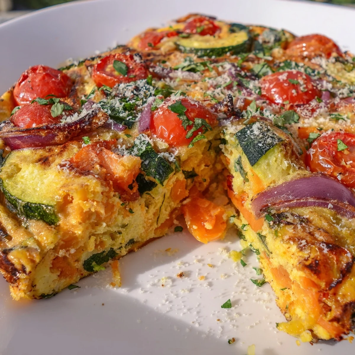 Golden-brown Roasted Vegetable Frittata with Eggs sits in a skillet, topped with fresh basil and bubbling Parmesan.