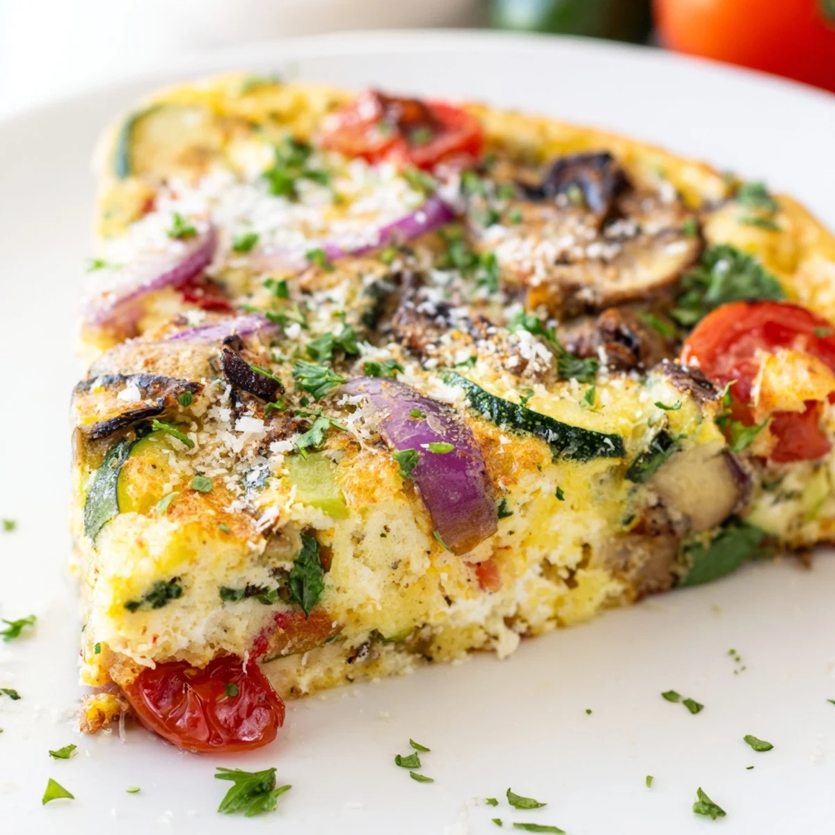Freshly baked Roasted Vegetable Frittata with Eggs in a cast iron pan, garnished with herbs and ready to serve.