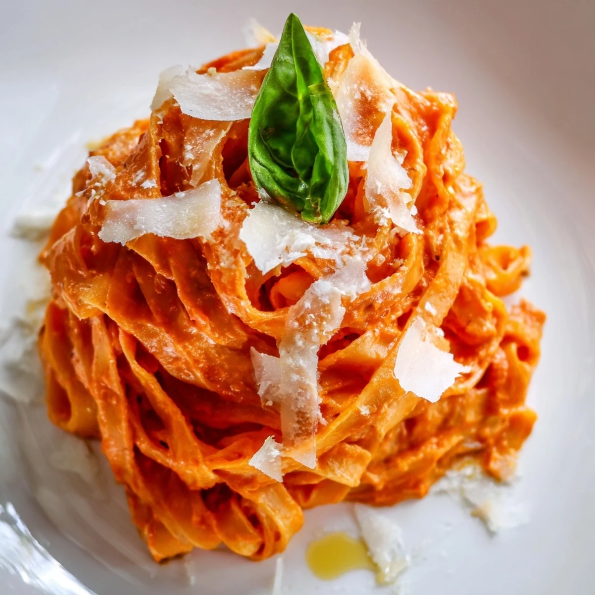 Creamy tomato pasta with fresh basil leaves and Parmesan cheese garnish on a rustic table.