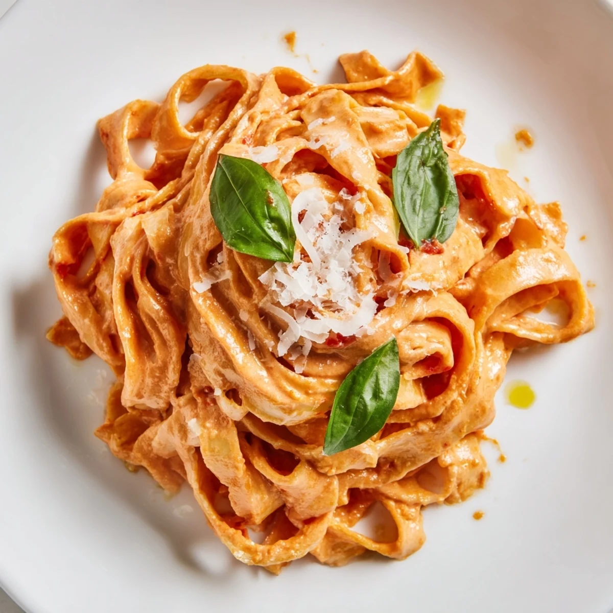 A vibrant bowl of creamy tomato pasta topped with fresh basil and Parmesan.