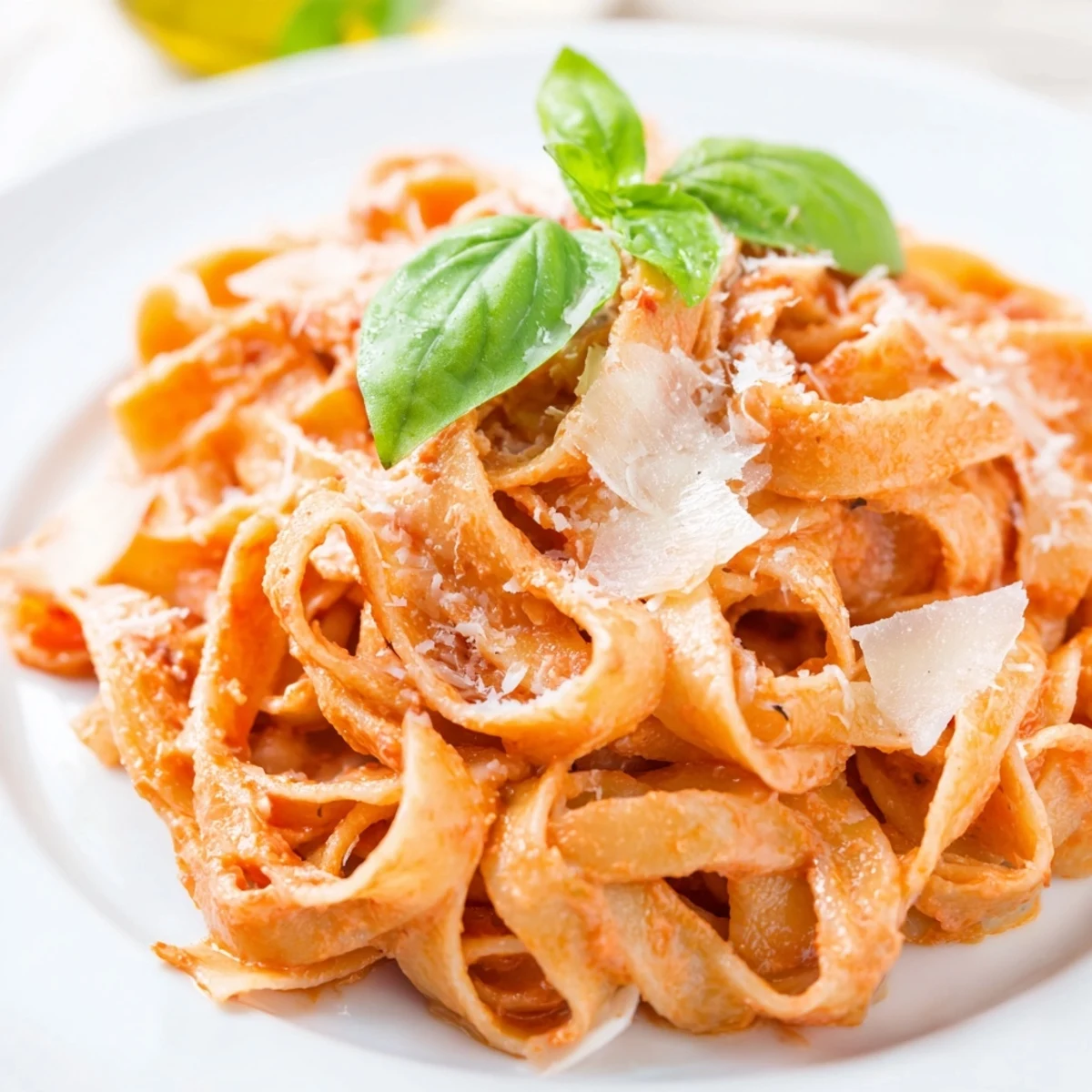 A close-up of creamy tomato pasta with basil, steaming in a shallow bowl.