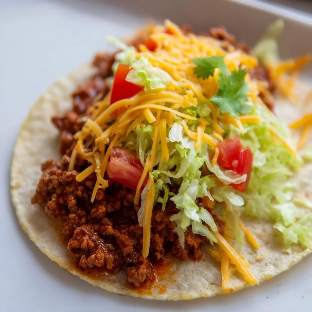 Spicy Beef Tacos with Cheese are garnished with cilantro and a lime wedge on a rustic wooden table, ready to serve.