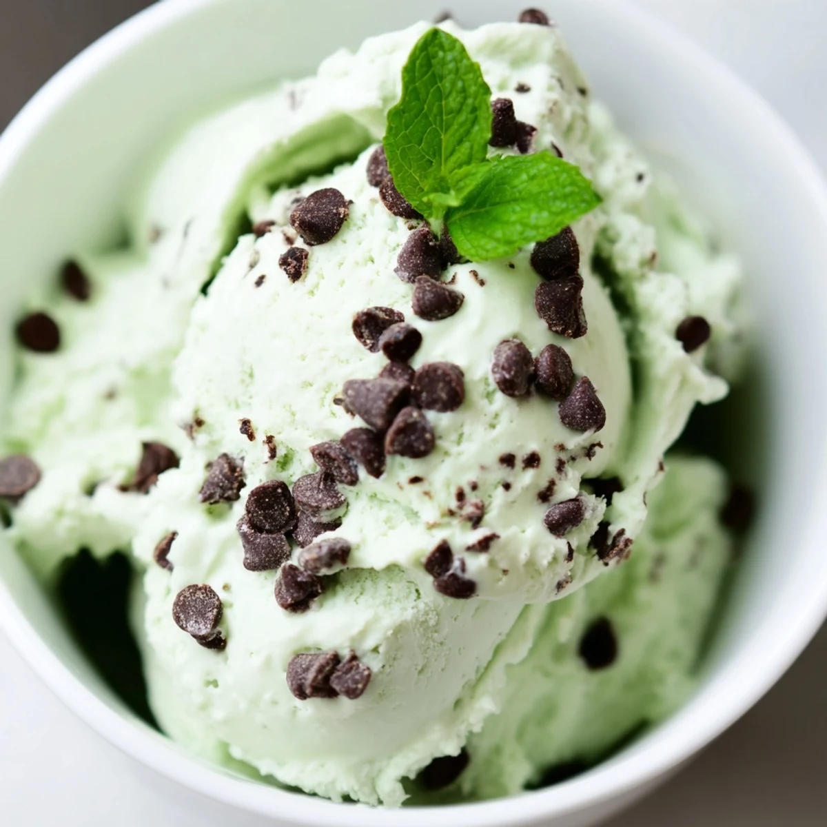 Peppermint Ice Cream with Chocolate Chips served in a waffle cone, dripping slightly, with minty aroma suggested by fresh mint leaves nearby.