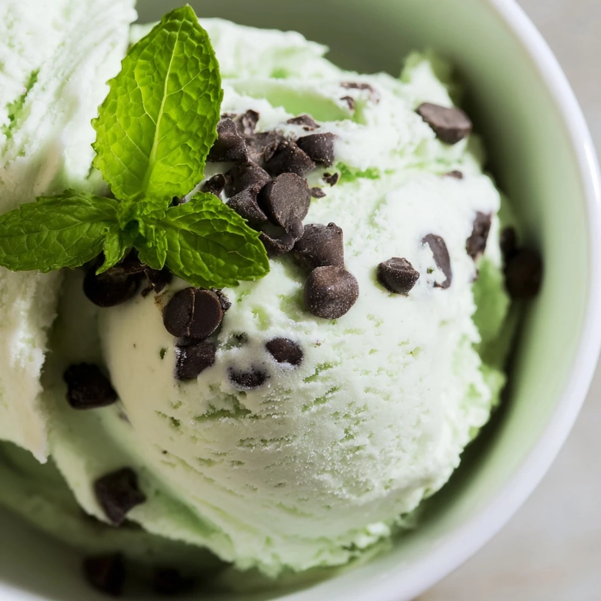 Smooth, freshly churned Peppermint Ice Cream with Chocolate Chips in a clear glass bowl, topped with extra chocolate shavings and a mint sprig.