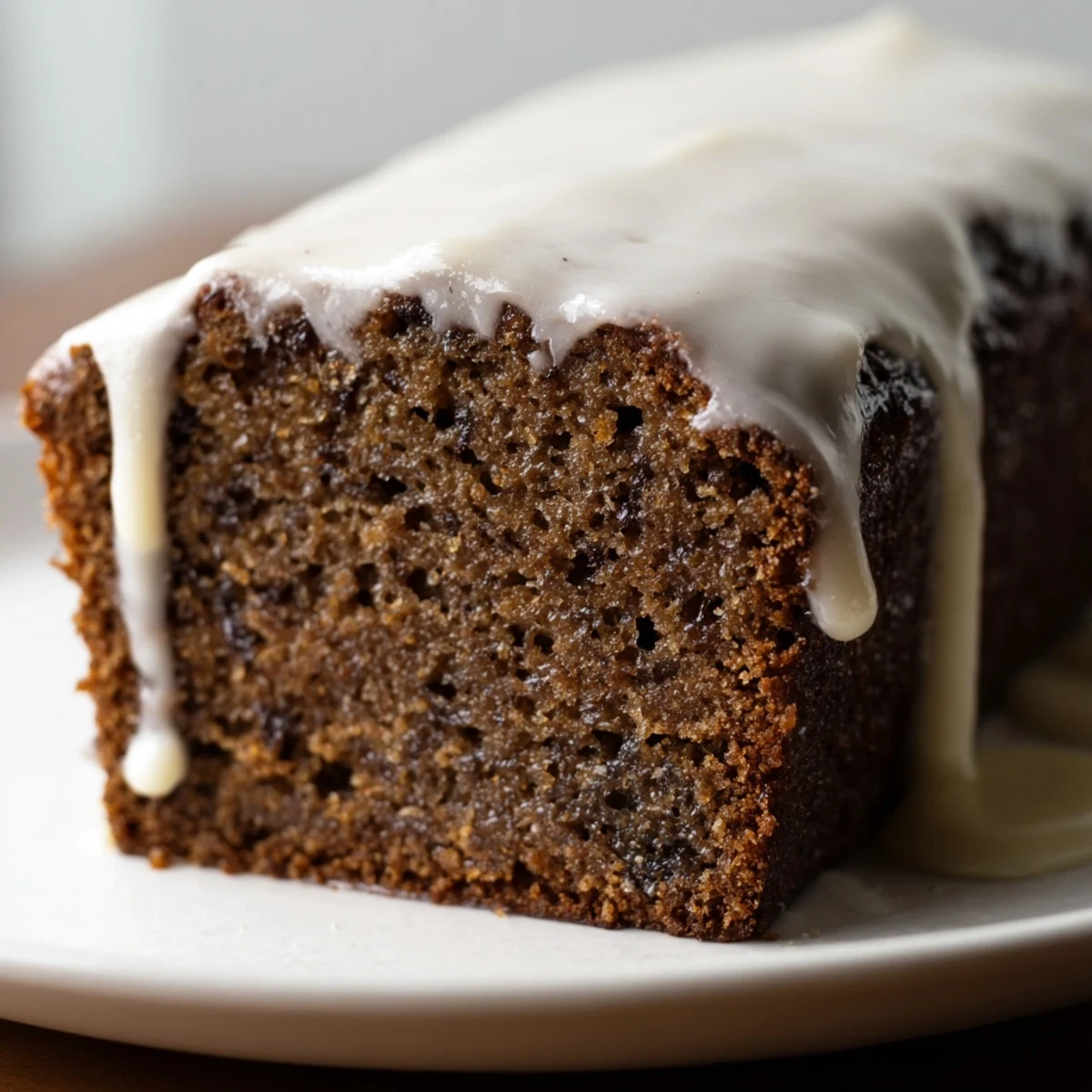 A slice of moist Gingerbread Loaf with Lemon Cream Cheese Glaze on a white plate, the thick glaze dripping down the sides.
