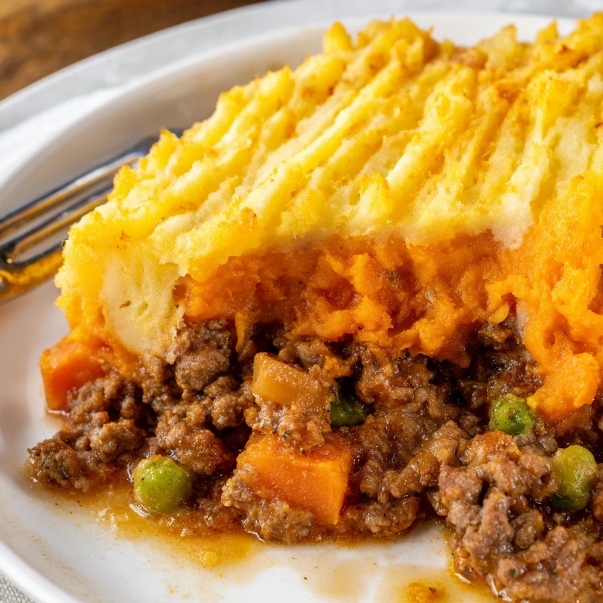 Golden-brown sweet potato mash covers a savory ground beef filling with peas and carrots in this Beef Shepherds Pie with Sweet Potato Mash.