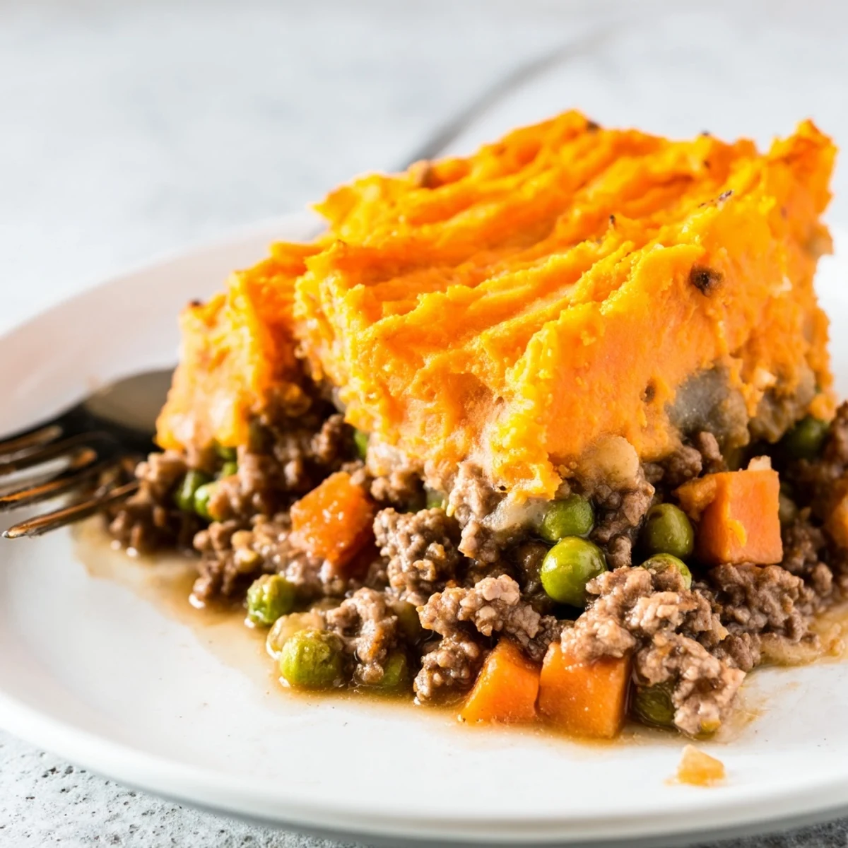 A fork creates crispy ridges on the golden mash of this Beef Shepherds Pie with Sweet Potato Mash, served hot from the oven.