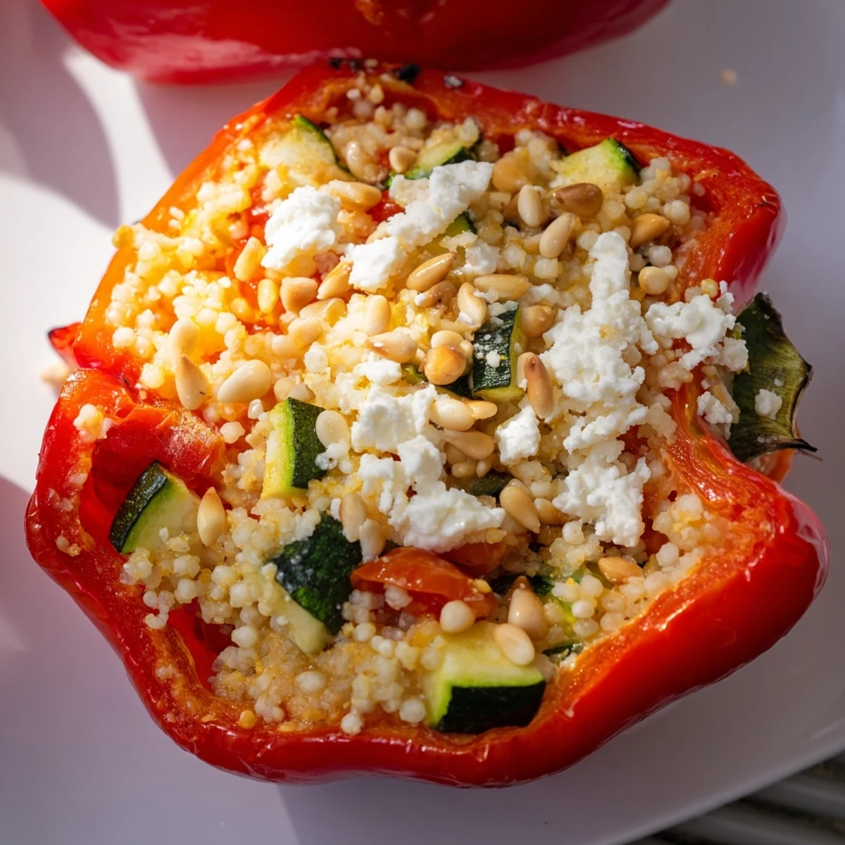 Golden-baked Mediterranean Stuffed Peppers with Couscous sit in a dish, stuffed with vibrant vegetables and topped with crumbled feta.