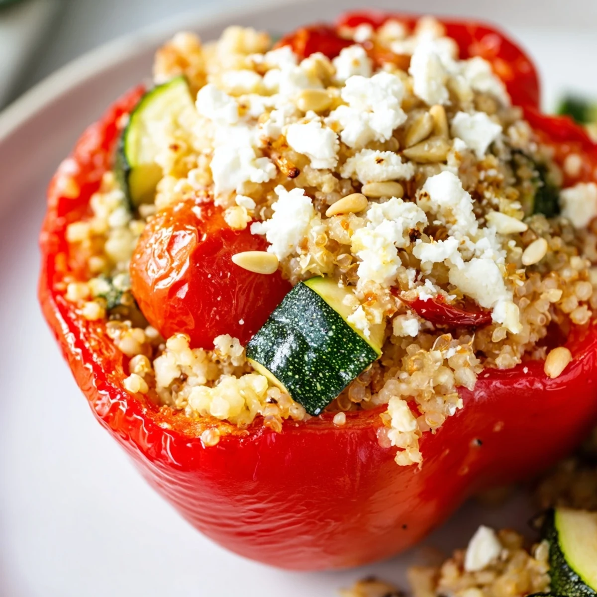 Close-up of a split Mediterranean Stuffed Peppers with Couscous, revealing fluffy grains, tomatoes, zucchini, and melted feta cheese inside.