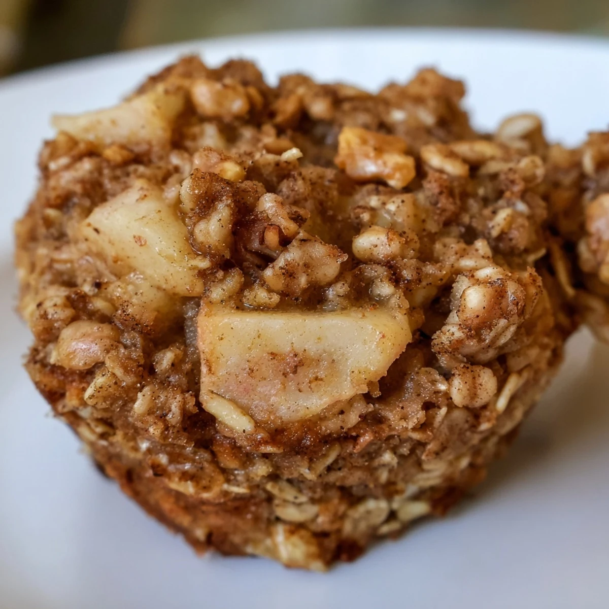 Golden brown Apple Cinnamon Baked Oatmeal Cups sit in a muffin tin, showcasing tender baked apple pieces and a rustic oat texture for a wholesome breakfast.