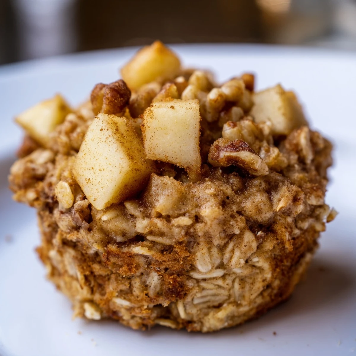 A close-up view of moist, wholesome Apple Cinnamon Baked Oatmeal Cups on a wooden board, dusted with cinnamon and ready for a healthy grab-and-go snack.