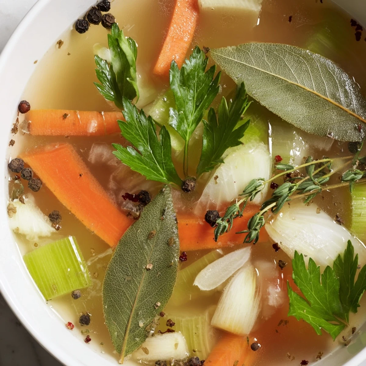 Homemade Vegetable Broth with Herbs is poured from a pot into a jar for soup or sipping.