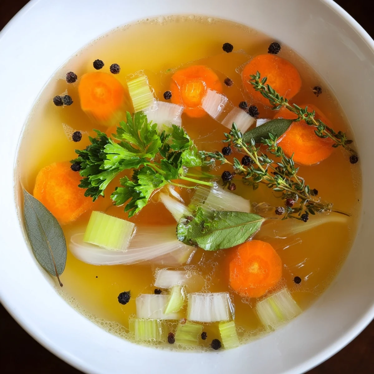A clear glass bowl holds finished golden Homemade Vegetable Broth with Herbs next to fresh parsley sprigs.