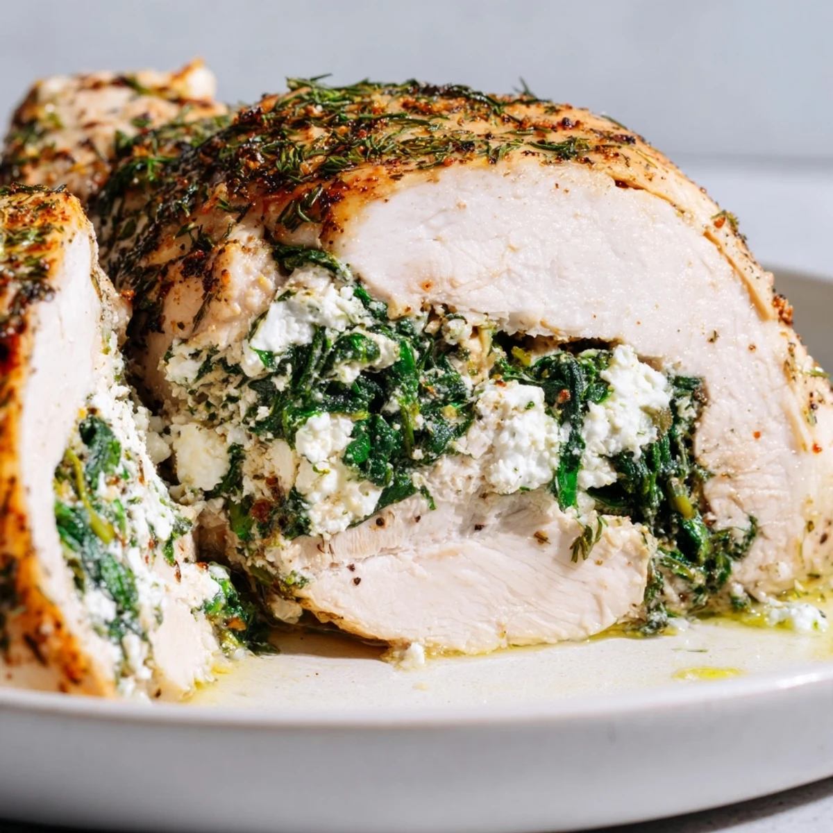 Sliced Spinach and Feta Stuffed Chicken Breast reveals layers of creamy feta and wilted spinach on a wooden board.