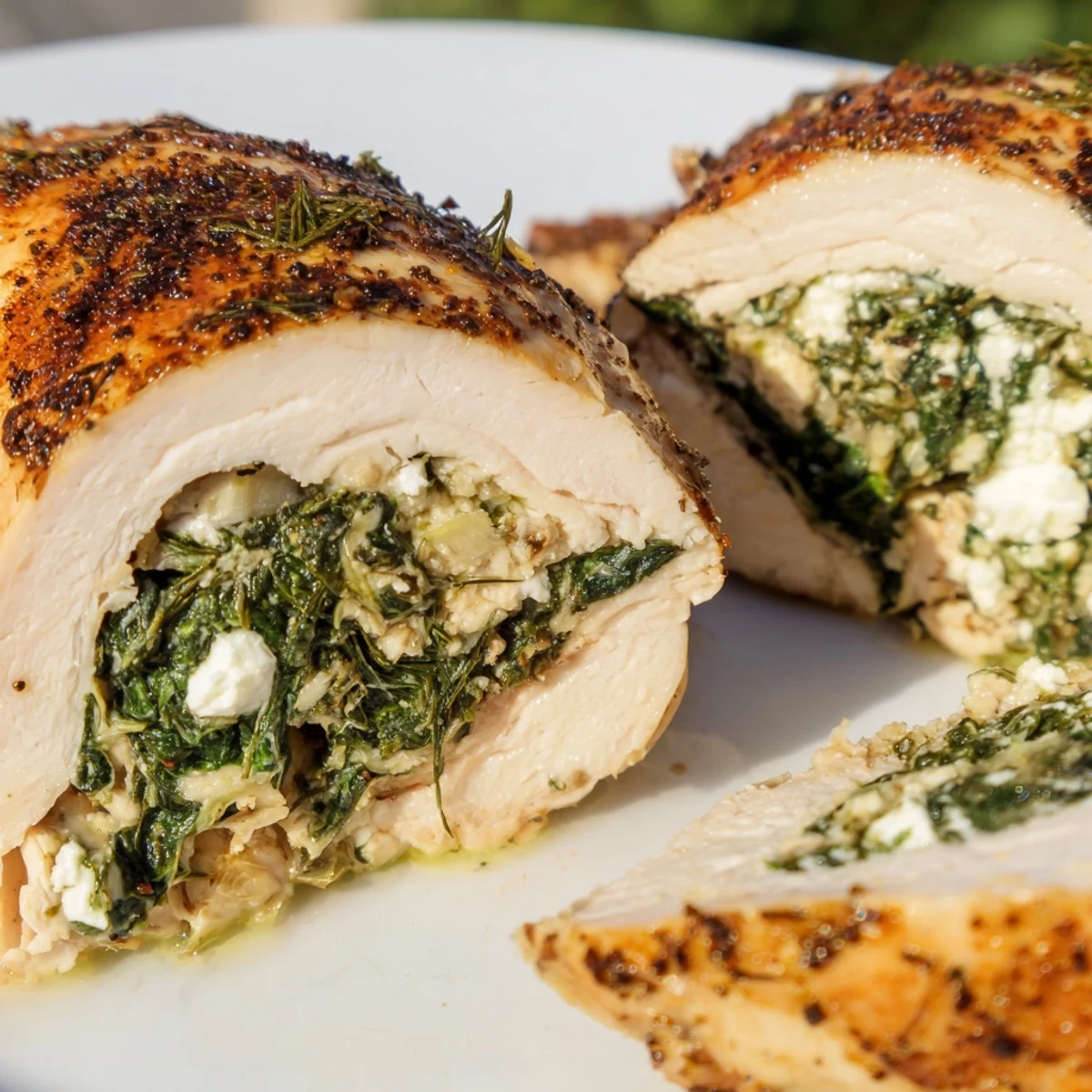 Four golden-baked Spinach and Feta Stuffed Chicken Breasts sit in a white ceramic dish, garnished with fresh dill.