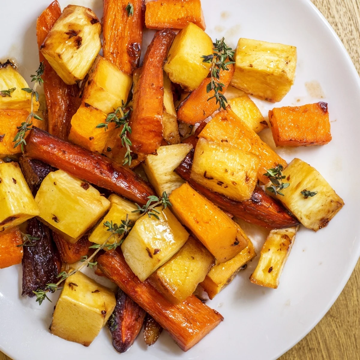 Sweet and savory caramelized root vegetables roast with maple glaze, served hot alongside a festive roast.