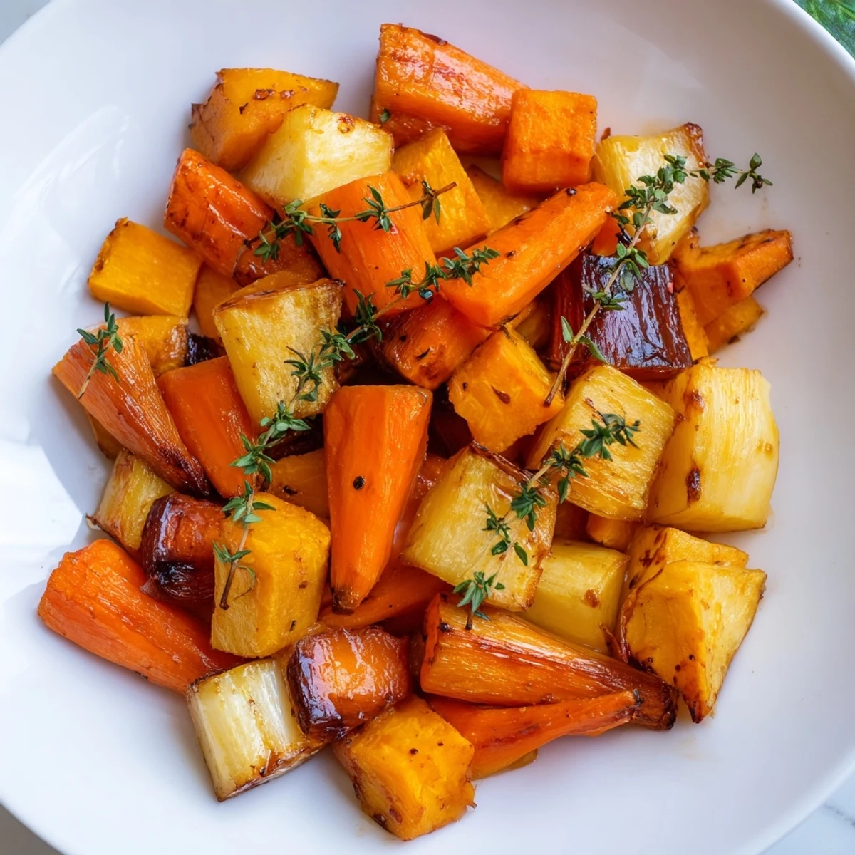 Roasted root vegetables with maple syrup shine on a baking sheet, garnished with fresh thyme sprigs.