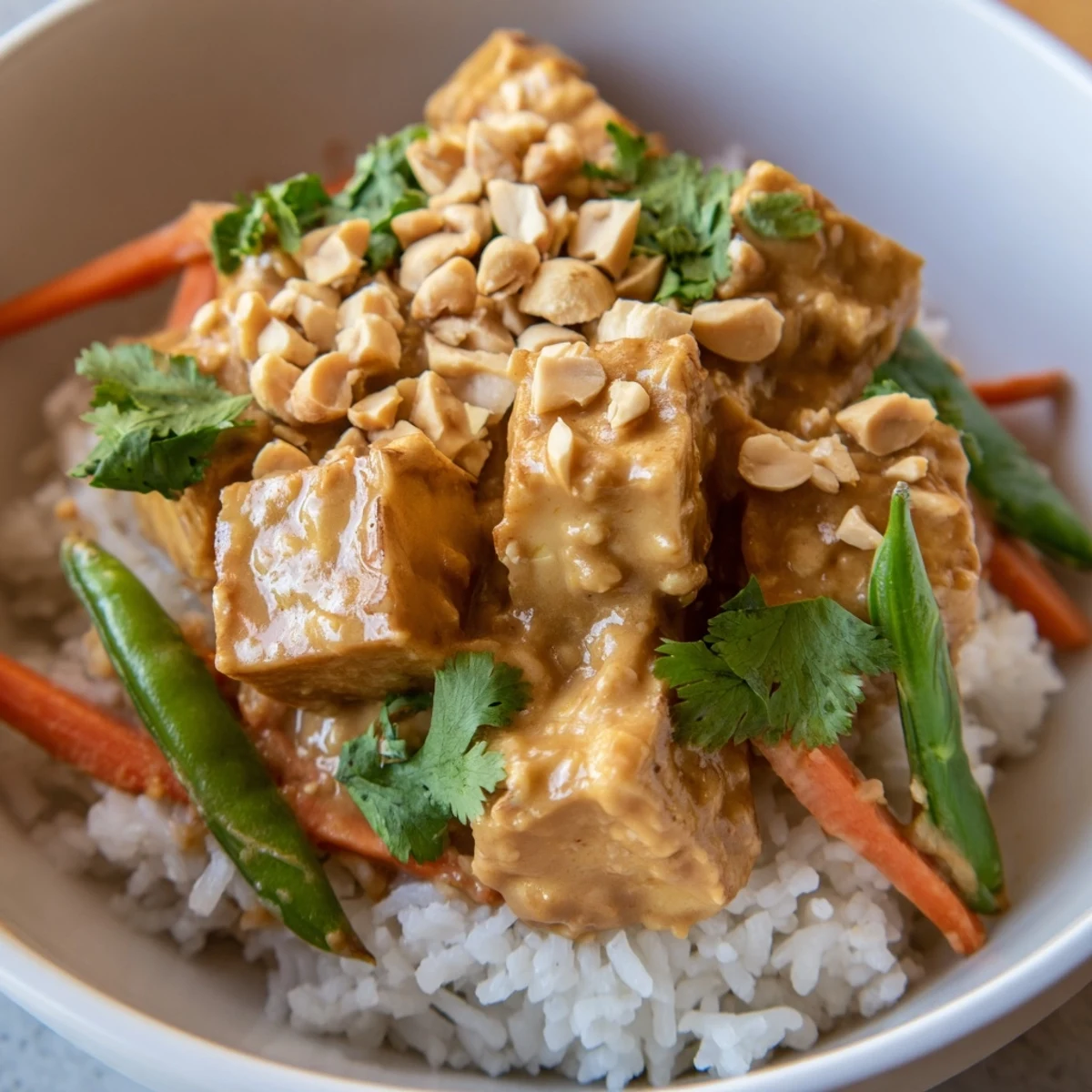 Golden, crispy tofu cubes and colorful vegetables tossed in a creamy peanut sauce, served over steamed rice.