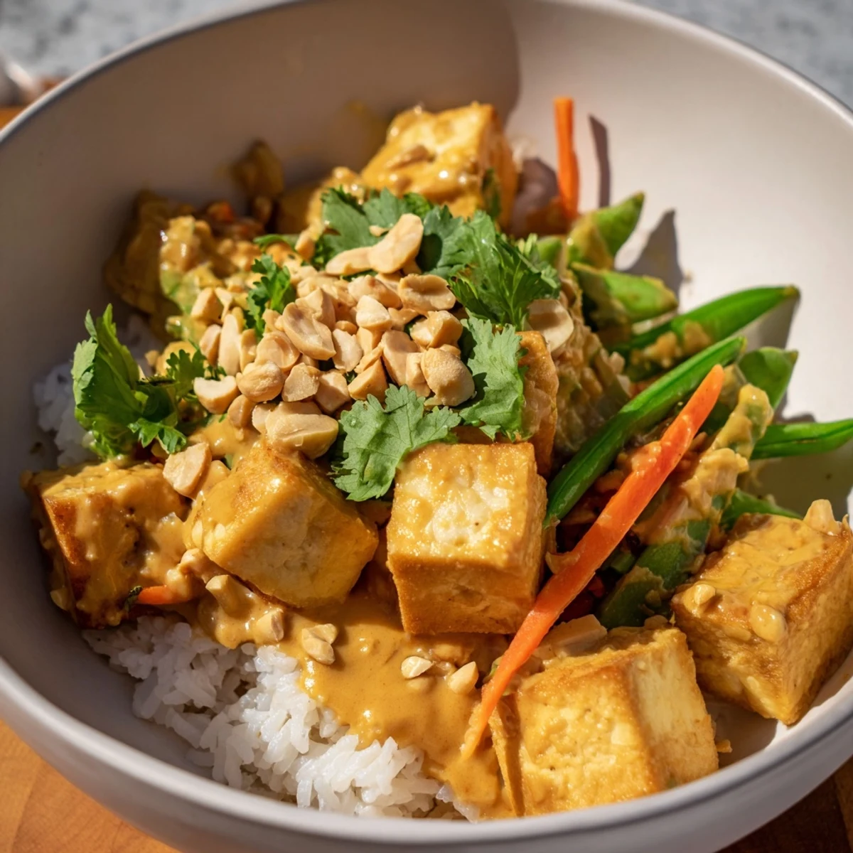 Tofu cubes coated in cornstarch, fried until crunchy, mixed with snap peas and peppers in rich peanut sauce.