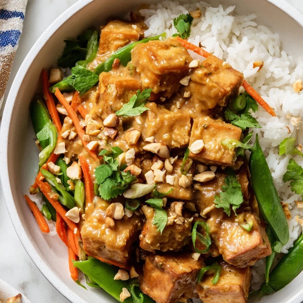 A plated serving of crispy tofu stir fry with peanut sauce, garnished with chopped peanuts, cilantro, and lime.