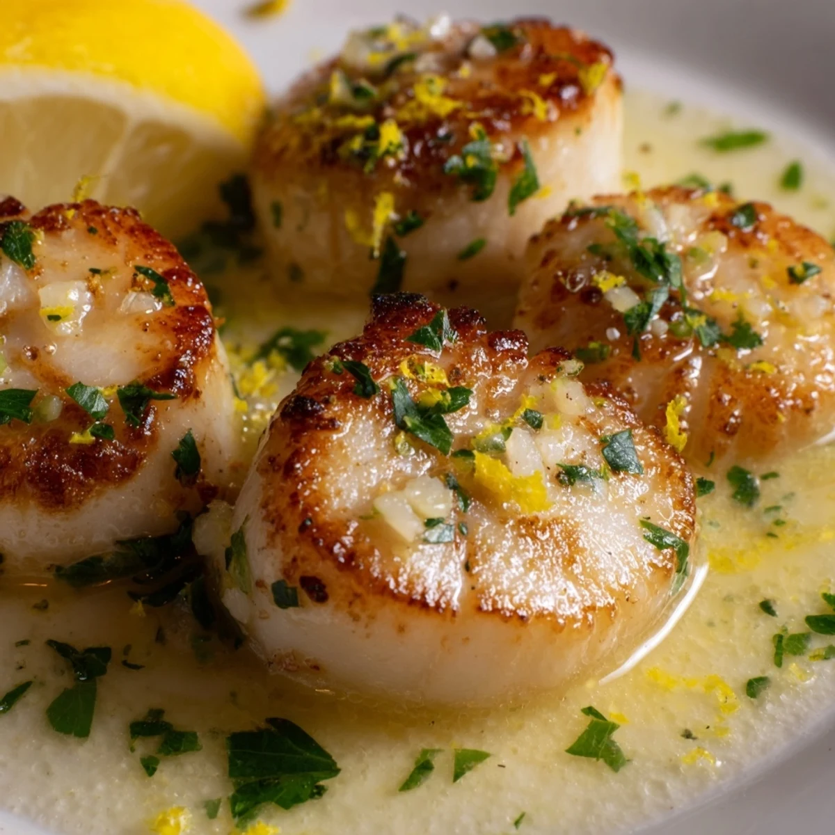 Golden-brown Garlic Butter Scallops with Lemon Zest sizzling in a skillet with melted butter, garlic, and fresh parsley garnish.
