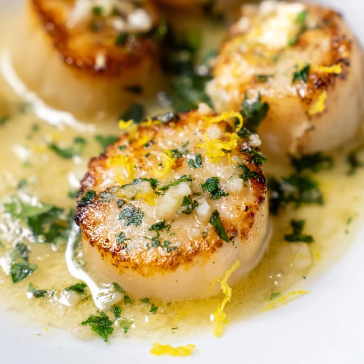 Perfectly seared Garlic Butter Scallops with Lemon Zest served over creamy risotto, ready for a special dinner.