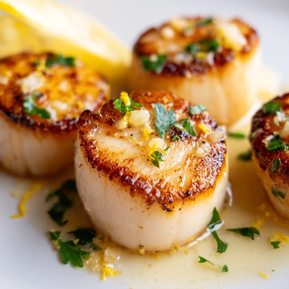 Platter of juicy Garlic Butter Scallops with Lemon Zest topped with fresh parsley, paired with crusty bread.