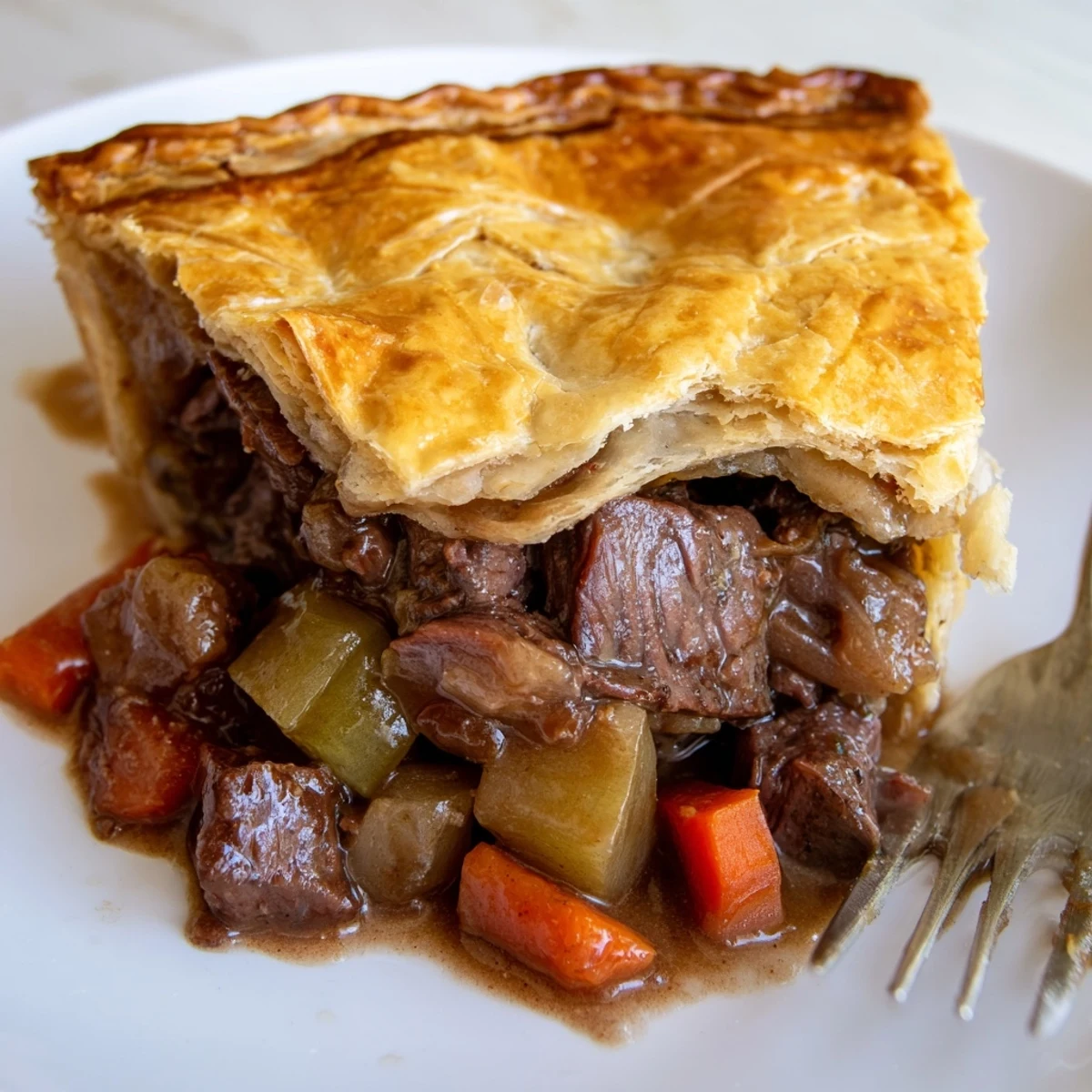 Golden, flaky-crusted Beef Pie with Crust sits on a wooden board, steam rising from savory filling.