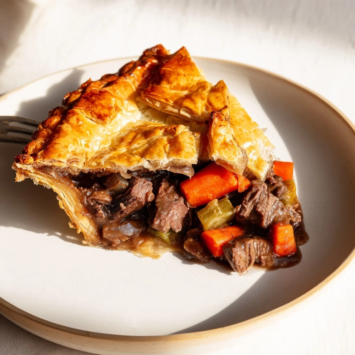 Homemade Beef Pie with Crust reveals tender beef chunks and vegetables peeking through lattice vents.