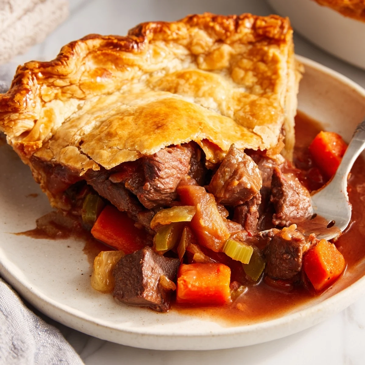A slice of hearty Beef Pie with Crust plated beside green beans and creamy mashed potatoes.
