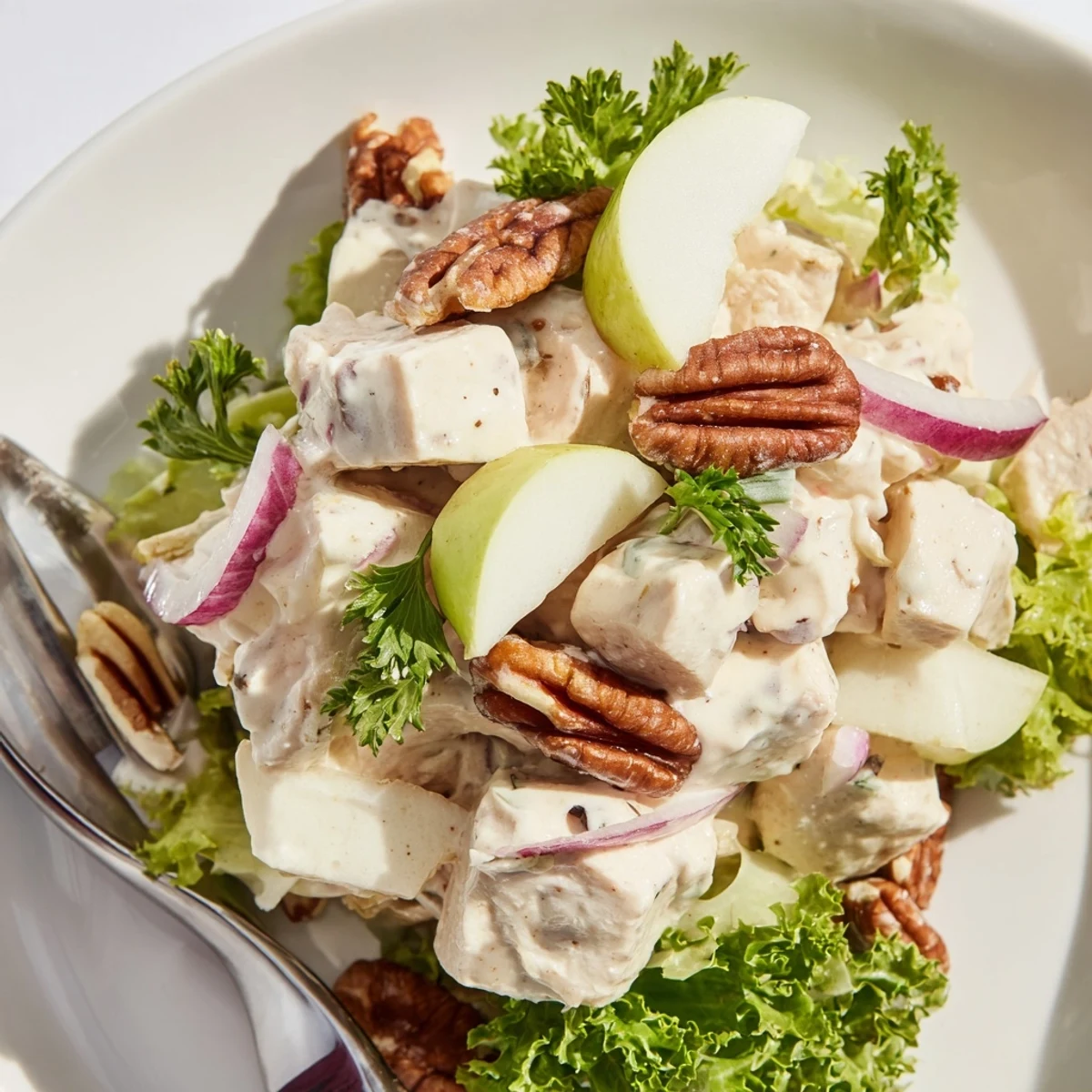 A vibrant bowl of Chicken Pecan Salad features creamy dressing, crisp apples, and toasted pecans on fresh greens.