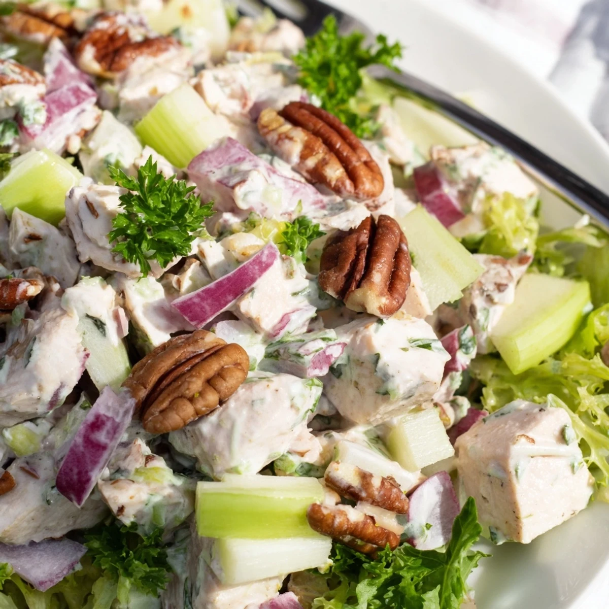 Golden toasted pecans and diced chicken breast make this salad a satisfying American classic for dinner.