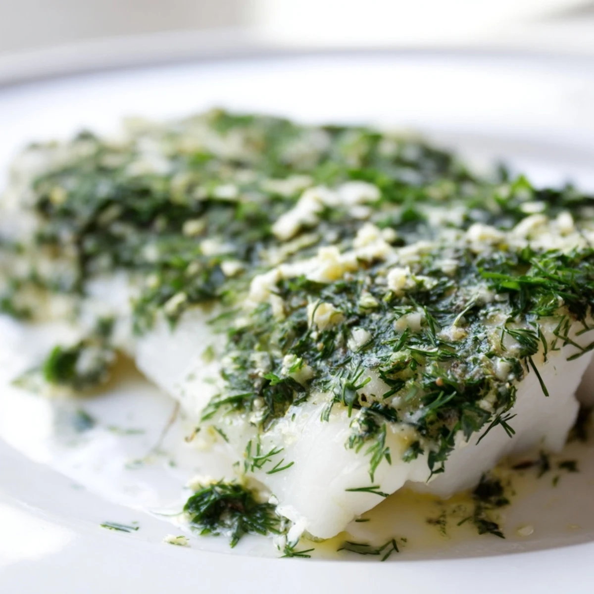 Golden-brown Baked Cod with Herb Butter garnished with fresh parsley and lemon wedges on a white ceramic plate.