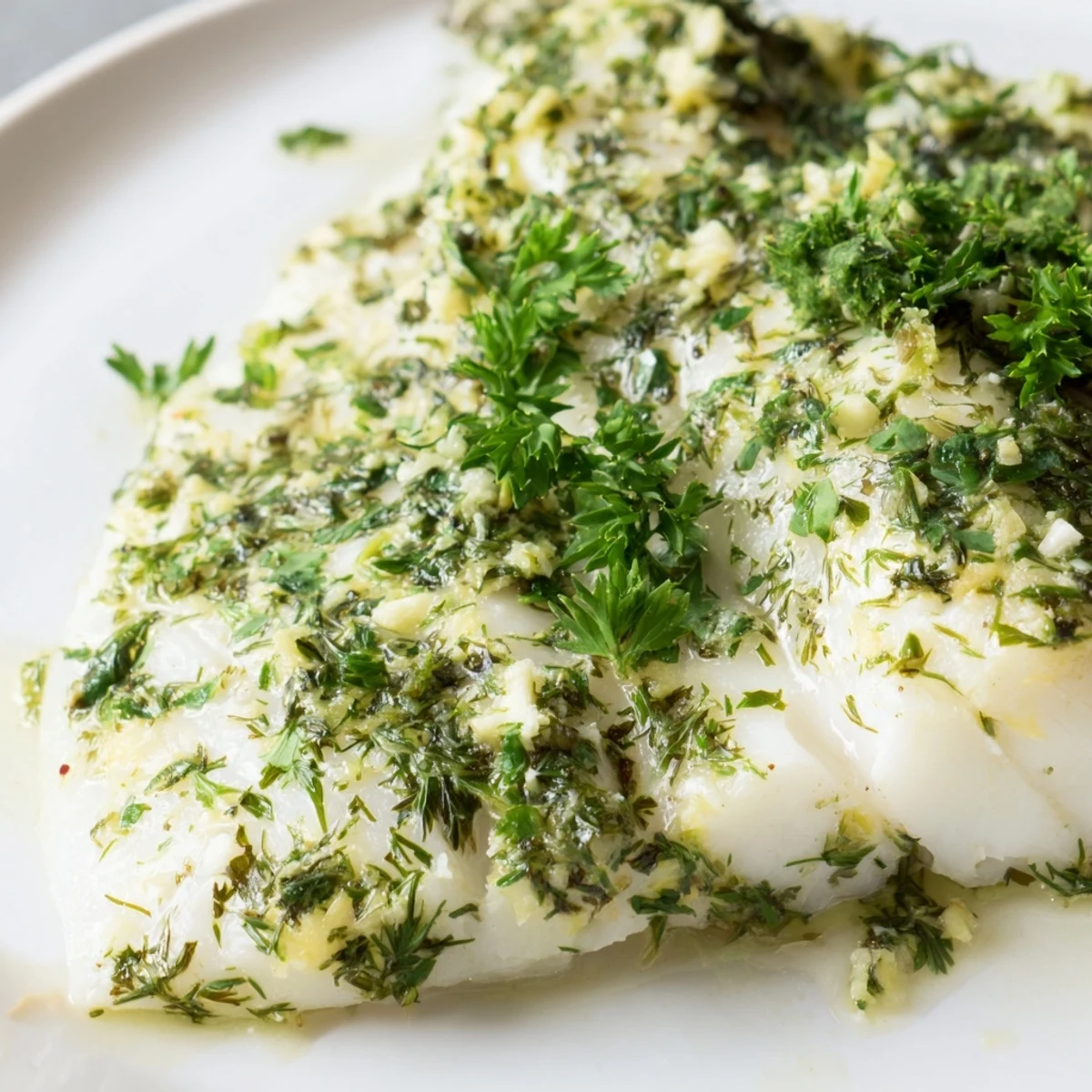 Close-up of Baked Cod with Herb Butter on a baking dish, showing golden edges and fragrant herbs.