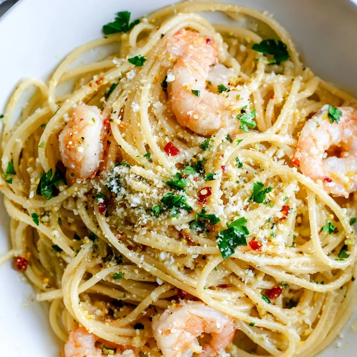 Sizzling skillet of Lemon Shrimp Pasta tossed with garlic butter, white wine sauce, and red pepper flakes, ready to serve for four.