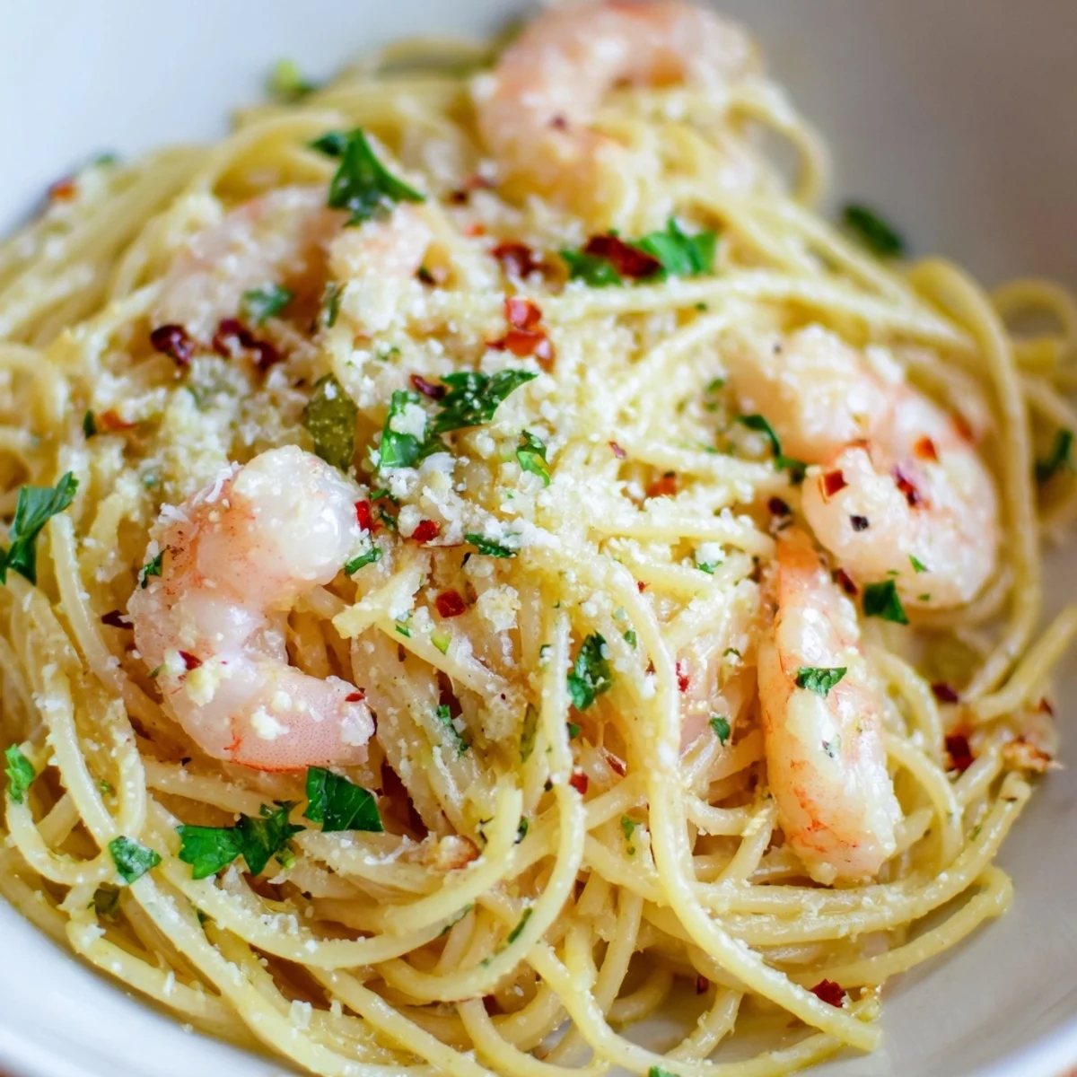 Lemon Shrimp Pasta served in a white bowl, featuring plump pink shrimp and al dente spaghetti coated in a glossy lemon-garlic sauce, garnished with fresh parsley.