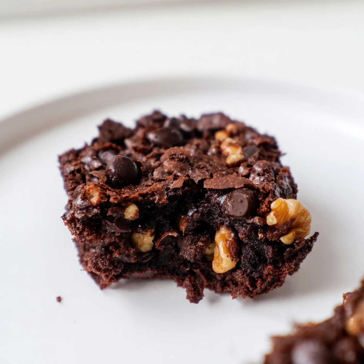 Chocolate Brownie Bites are stacked on a wooden board, showcasing their crackly tops and gooey centers dusted with powdered sugar.