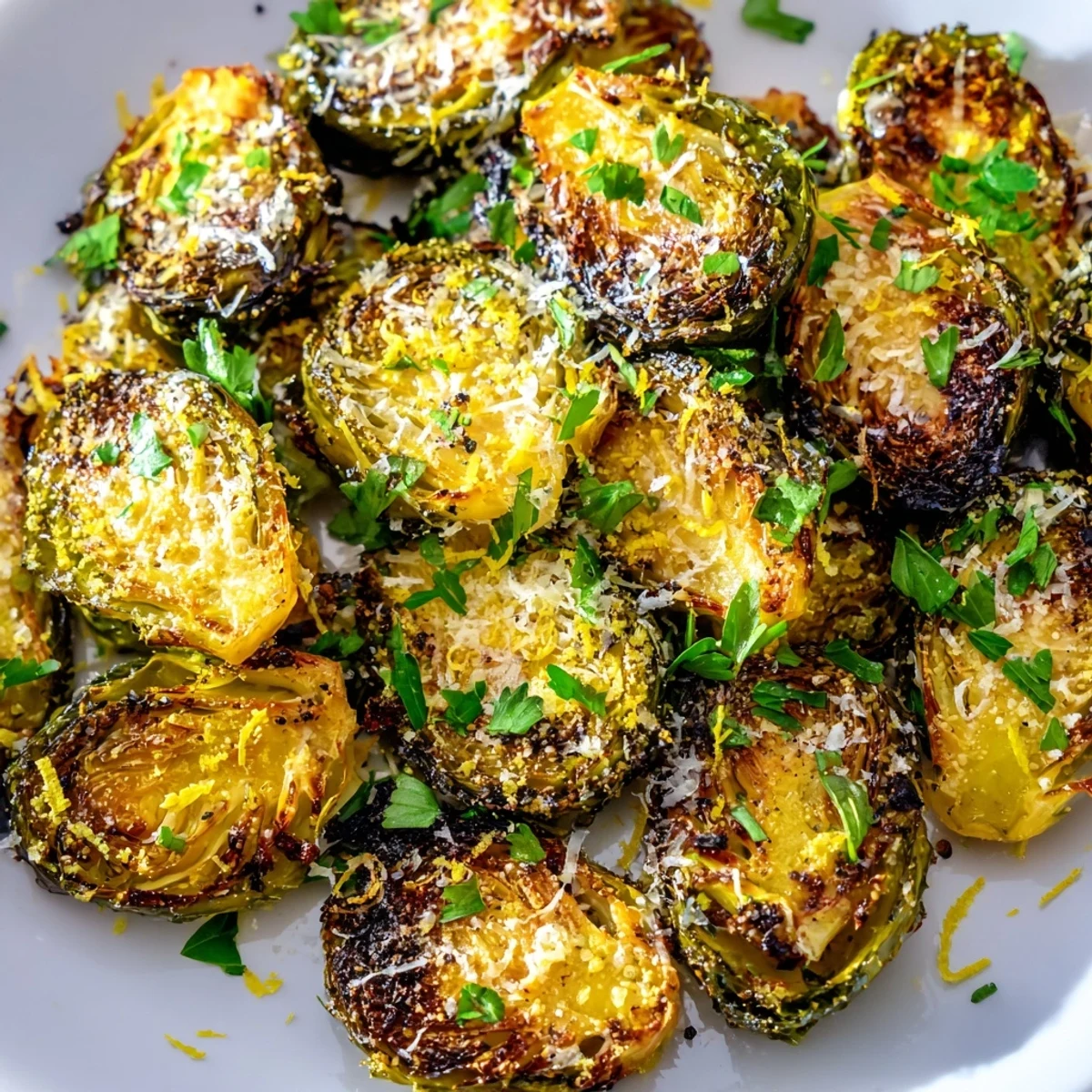 Crispy roasted Brussels sprout halves, golden brown and caramelized, served warm as an easy vegetarian side dish.