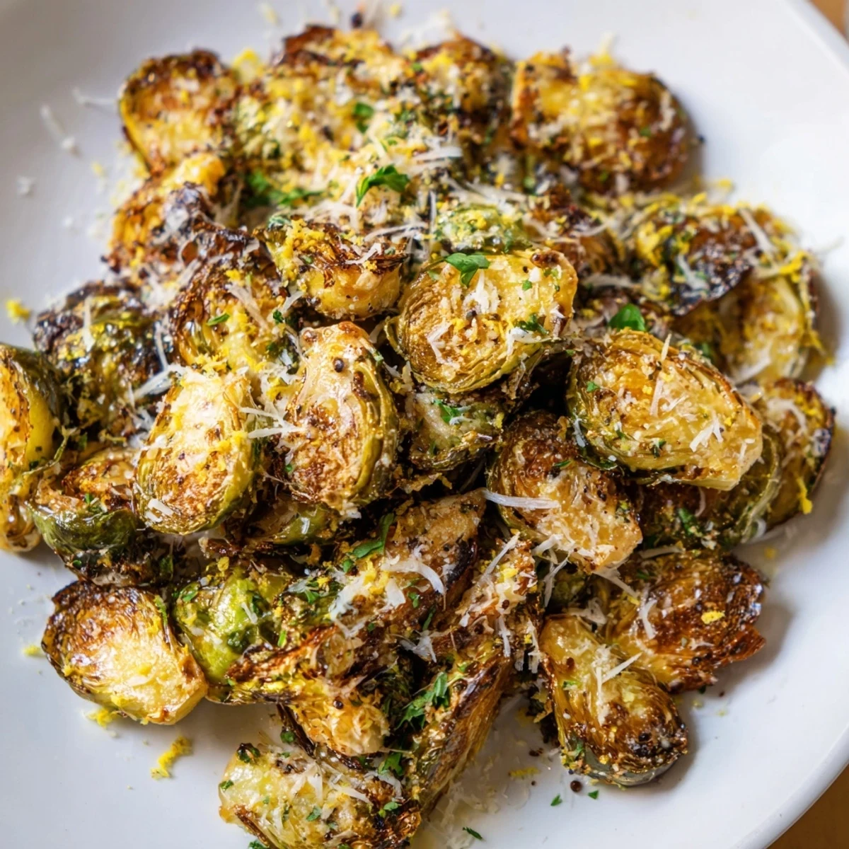 Roasted Sprout Halves tossed in olive oil and garlic powder, sizzling on a baking sheet fresh from the oven.