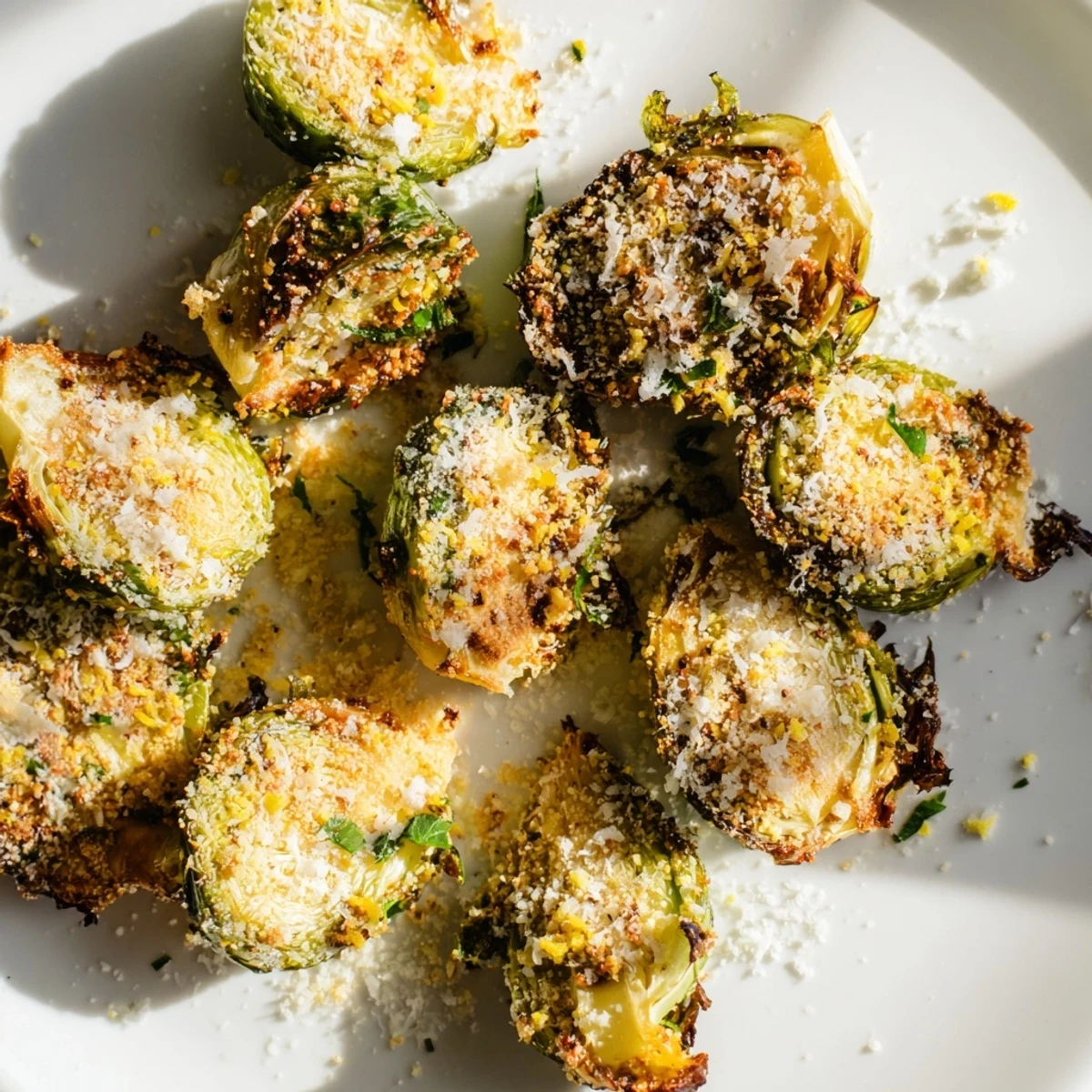 Tender Roasted Sprout Halves sprinkled with Parmesan and lemon zest, paired with grilled chicken for a complete dinner.