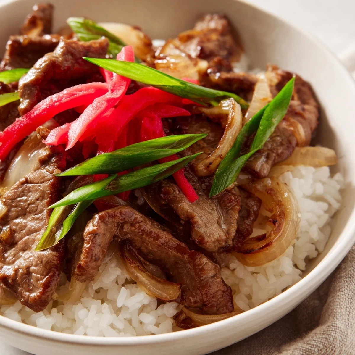 Steaming Japanese Beef Bowl with Rice, topped with fresh scallions and optional pickled ginger for a bright, tangy finish.