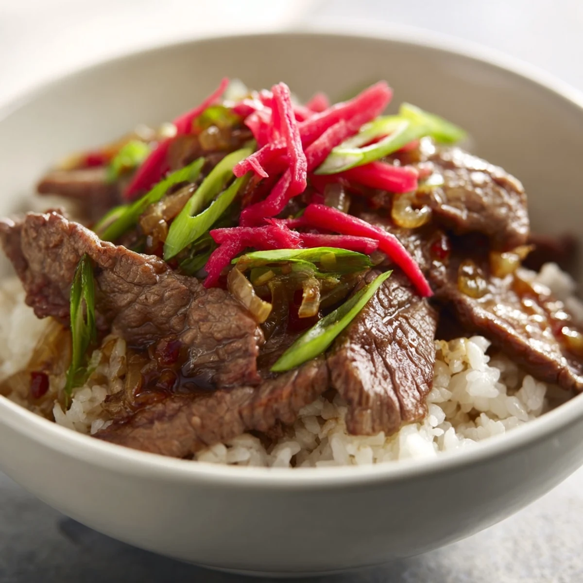 Homestyle Beef Bowl with Rice, served hot with juicy sliced beef and onions in a rich dashi-soy sauce over fluffy rice.